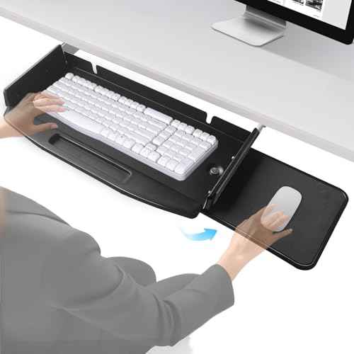 Solid Steel Under Desk Keyboard Tray Slide Out with 360¡Æ Rotating Mouse Platform,Keyboard Shelf Sliding,Under Desk Mounted Keyboard Holder,Under Desk Keyboard Drawer 28"Lx11"W