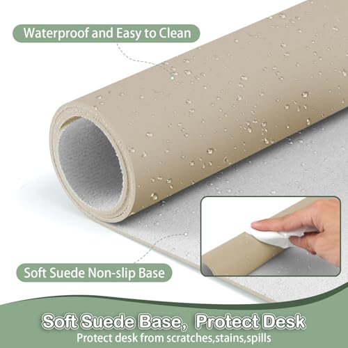 Boutilon 30x14 Inch Leather Desk Pad Protector Beige Non-Slip Waterproof Office Mat