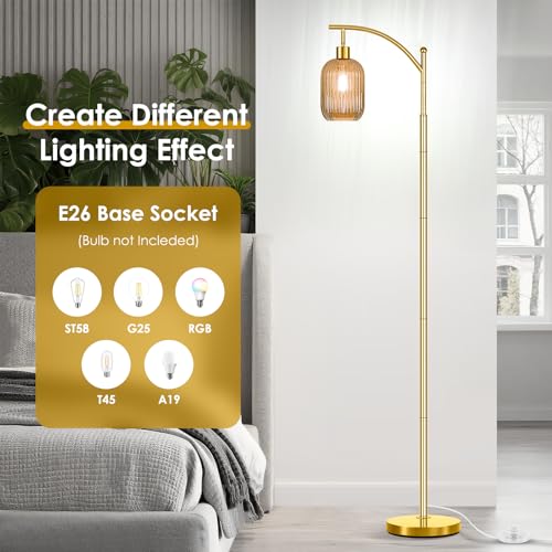 Glass Floor Lamp for Living Room, Modern Gold Standing Lamp with Ribbed Glass Lampshade Pedal Switch, 67¡± Tall Lamp for Bedroom Study Room