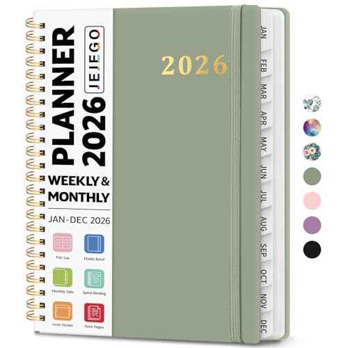 2026 Planner, Weekly and Monthly Calendar Planner Book, January 2026 - December 2026, Hardcover Spiral Planner with Monthly Tabs, Notes Pages, Perfect for Women & Men, A5 (6.4" x 8.5") - Green