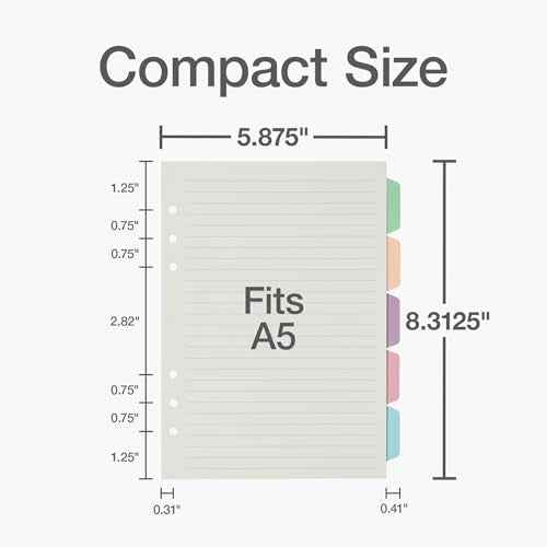 Oxford A5 Refill Paper, 6 Ring Lined Paper with Pastel Binder Dividers, 5 Tabs, 120 Sheets, 6 x 8.25 Inches, Notebook, Bullet Journal and Planner Inserts (1016731)