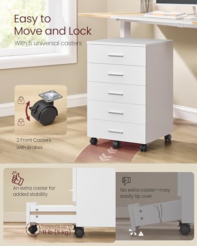 VASAGLE White 5-Drawer Mobile Pedestal Filing Cabinet with Lockable Casters