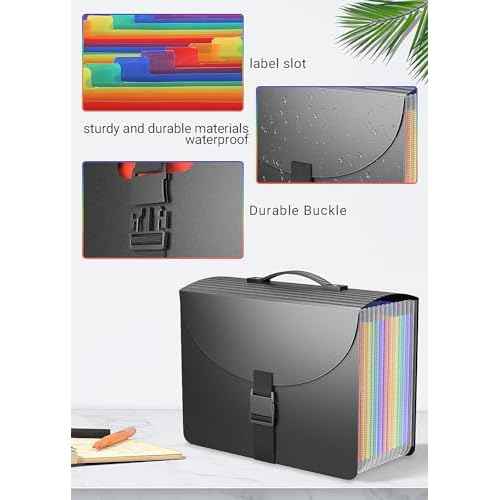 Expanding File Folders,Accordion File Organizer with Handle,13 Pockets Expandable Filing Folders,Tabs Included in Filing Box,Adjustable Strap,Bill Documents Organizer,A4/Letter Size