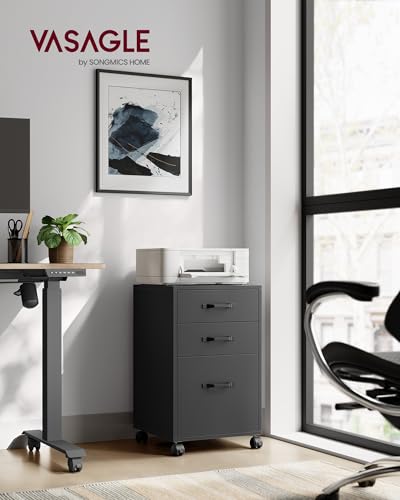 VASAGLE Ink Black Mobile File Cabinet with 3 Drawers & Locking Wheels