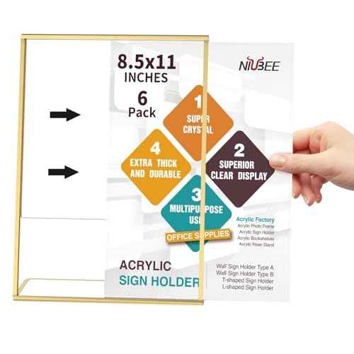 NIUBEE 8.5 x 11 Gold Frames, 6 Pack Acrylic Slanted Back Gold Picture Frames for Signs, Menu, Flyer and Art Display, Perfect for Wedding, Party, Event, Shop