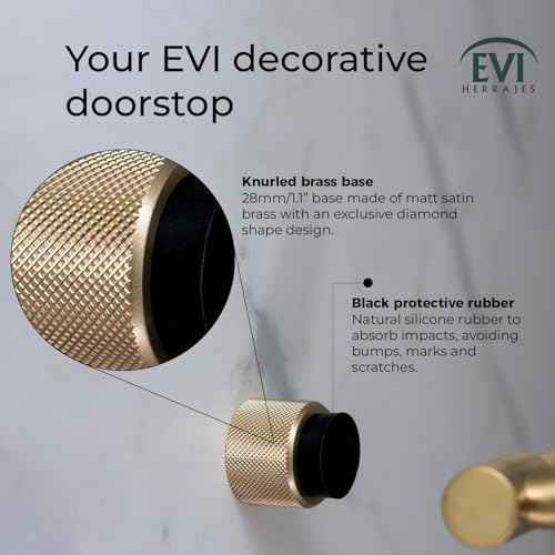 EVI Herrajes | Designer Wall Door Stop - Knurled Texture - 1.1" x 1.1" - Brass Matte Finish Black Rubber - Adhesive and Screw Fastening