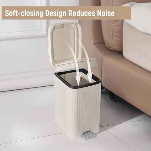 Small Bathroom Trash Can with Lid Slim Soft Close Garbage Can Step Wastebasket Container Trash Bin for Office Bedroom Kitchen Living Room (1.9 Gallon Cream)