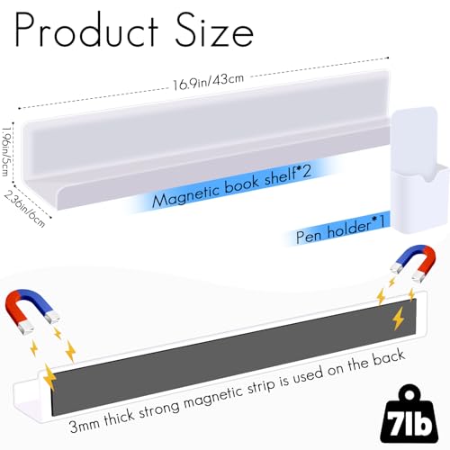 White 2 Pcs Magnetic Book Shelf for Whiteboard Classroom & Office with Pen Container