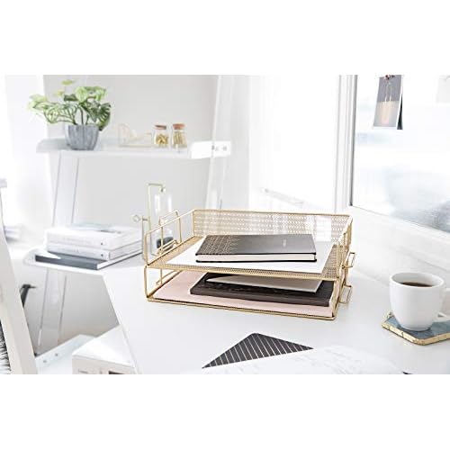 BLU MONACO Gold Mesh Paper Tray ? Set of 2 Stackable Letter Trays ? Durable Metal Desk Organizer for Home, Office & School ? Stylish Document Holder, File Storage, and Workspace Organizer