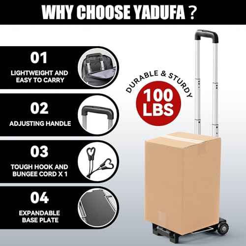 Mini Small Folding Hand Truck Dolly with 2 Tank Wheels, Expandable Base Plate Utility Luggage Cart with 1 Elastic Ropes, Portable Dolly Cart for School Travel Office Moving