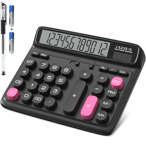 Yxzzhx Black Desktop Calculator with 5-Inch LCD, 12-Digit Solar & Battery Power