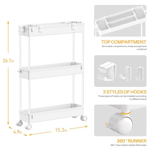 SPACELEAD White 3-Tier Slim Mobile Storage Cart for Kitchen, Bathroom, Office