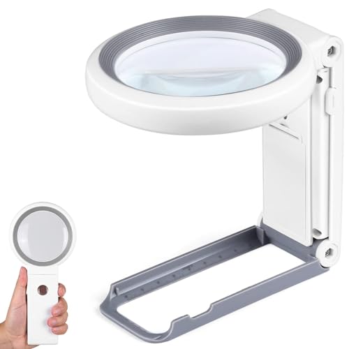 White Foldable Magnifying Glass with Light & Stand for Reading and Inspection