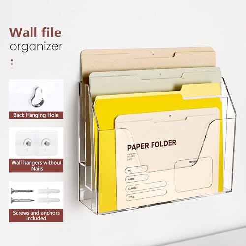 DINGHUO Acrylic Hanging Wall File Folder Organizer for Desk, Clear 3 Tier Document Paper Magazine Holder for Home, Office Organization, School - 1 Pack