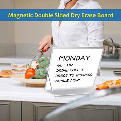 Dry Erase White Board, 16inX12in Large Magnetic Desktop Whiteboard with Stand, 10 Markers, 4 Magnets, 1 Eraser, Portable Double-Sided White Board Easel for Memo to Do List Desk Office