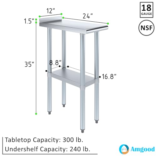 AmGood 24in x 12in Stainless Steel Work Table with Backsplash, NSF 18-Gauge Top, Adjustable Undershelf