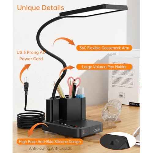 Desk Lamp, COZOO LED Desk Lamps for Home Office with USB Charging Port/Outlet/Organizer,Desk Lamp for College Dorm Eye-Caring Study Light,Gooseneck Table Lamp with Pen Holders/Storage,9 Lighting Modes