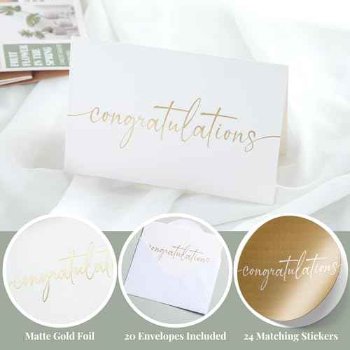 Congratulations Cards with Envelopes and Matching Stickers, Matte Gold Foil Design - Bulk Pack of 20, 4x6 Inch Minimalistic - Suitable for Business, Graduation, Weddings and Milestone Celebrations