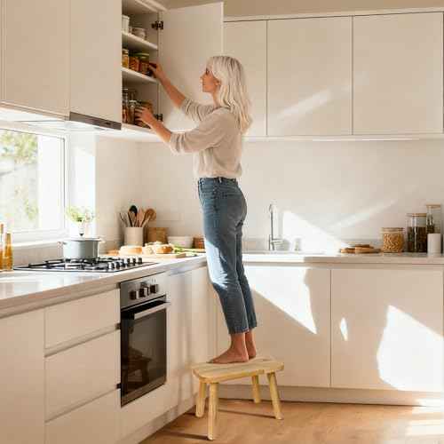 BEE&OAK 13.4 Inch Heavy Duty Wooden Step Stools for Adults - Non Slip, 300 LBS Capacity, Easy Assembly - Ideal Step Stool for High Beds, Kitchen, Bathroom, Office, Garden (Natural)