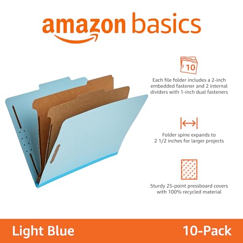 Amazon Basics Letter Size Classification Folder with 2 Dividers Light Blue 12.17x10.39 In - 10 Pack