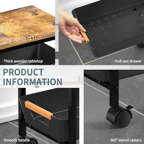 5 Tier Slim Rolling Utility Cart with Drawers Pull-Out Design Slim Storage Cart with Metal Frame and Wooden Top for Narrow Space in Home Kitchen Bathroom Black (Width 9.5 Inches)