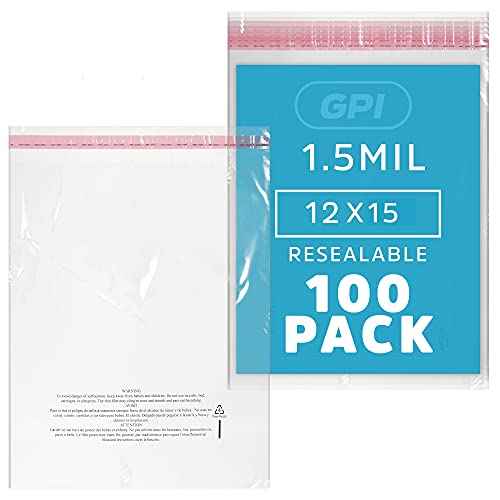 GPI - Pack of 100 12" X 15" Clear Self Seal Poly Bags, 1.5 Mil - Resealable Polybags with Adhesive strip & Suffocation Warning for Packaging T Shirts Clothing. Perfect for Shipping Supplies with FBA