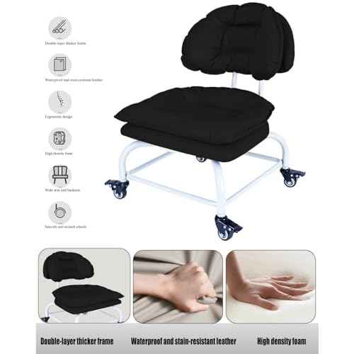 Backrest Rolling Stool with Brakes VAPAA TAIDE Rolling Chair Heavy Duty Roller Stools with Wheels for Home Office Garage Mechanic Flooring Cleaning Shop Black