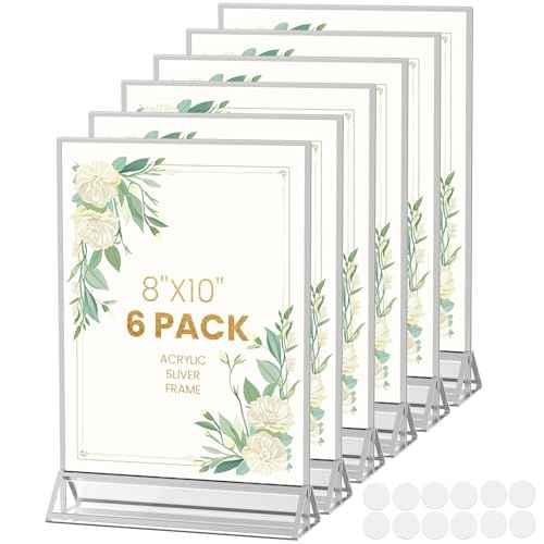 8X10 Sliver Picture Frames Acrylic Sign Holder Double-Sided 8X10 Sliver Frames for Menu Holder Wedding Table Number Holder Christmas Photo Frames with Clear Sticky Dots -6 Pack