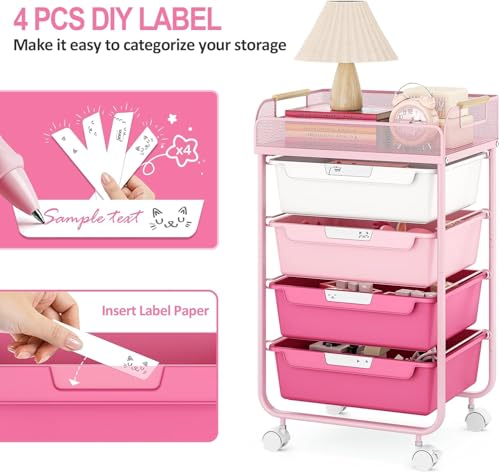 Rose Pink 4-Drawer Rolling Storage Cart with Mesh Top - Gradient Pink