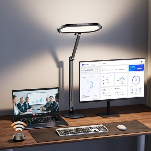 Premium LED Desk Lamp for Home Office ? Eye-Caring Double Side Light with Knob Remote, Stepless Dimming & Color, Memory, Metal Table Lamp for Zoom, Studying, Video Conference, Flicker-Free, Glare-Free