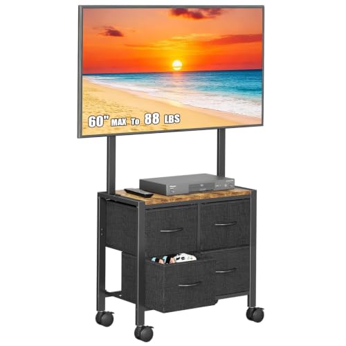 Cottage Charm Black Mobile TV Cart for 23-65 inch TVs, 88 lb load, with 4 Fabric Drawers & Wood Shelf