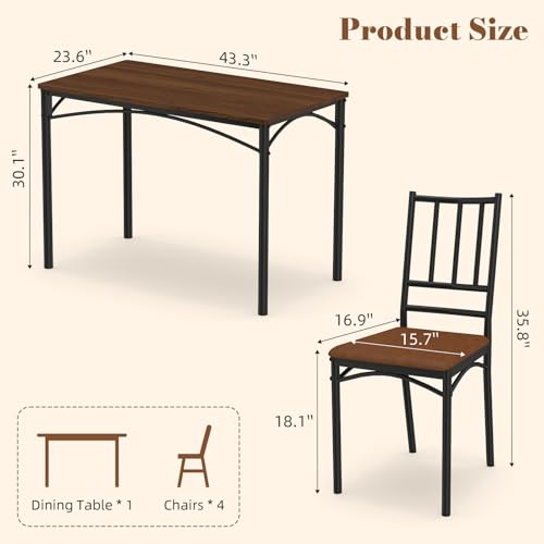 Yafylly 5-Piece Dining Set — 4 Upholstered Chairs, 43x24 in Table, Adjustable Feet
