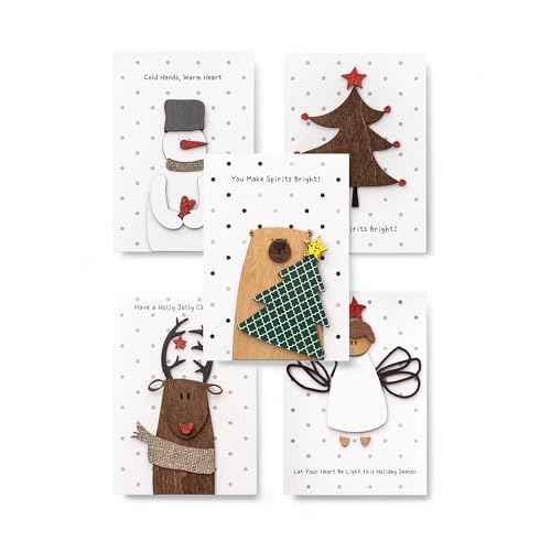 Handmade Christmas Cards with Premium 3D Wooden Design ? Set of 5 Unique Gift Cards with Kraft Envelopes ? Perfect for Friends & Family ? Boxed Merry Christmas Collection (Season of Joy)