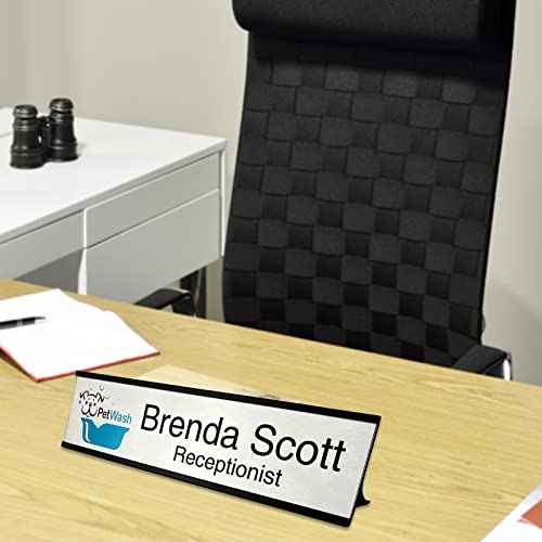 2" x 8" Personalized Aluminum Name Plates, Custom Office Desk or Wall Name Plates, Can Add Logo Image and Texts, Two Colors Silver, White, Holders are Optional (Custom Image+Text)