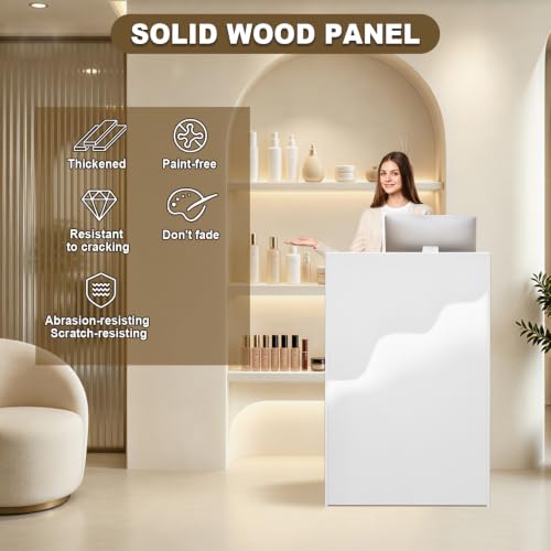 Wood Reception Desk with Drawer & LED Light, 23.6" Front Desk — White (23.6x15.7x37.8in)