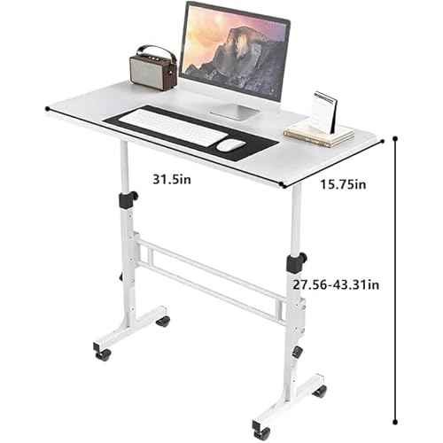 Portable Standing Desk, Adjustable Height 27.5"-43.3", Small Rolling Desk with Lockable Wheels, Foldable Computer Desk for Home Office, Space-Saving Laptop Table, White