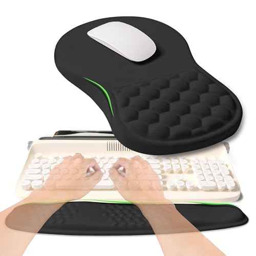 2-in-1 Ergonomic Set, Wave Rise Keyboard Wrist Rest and Massage Bulge Slope Mouse Pad Wrist Support, Cushion Memory Foam Integrated to Relieve Wrist Pain, Black