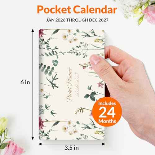 SUNEE Pocket Calendar 2026-2027 for Purse, Pocket Planner 24 Months with Soft Waterproof Cover and Premium Paper Sketch, 6.5" x 3.5", Wildflowers