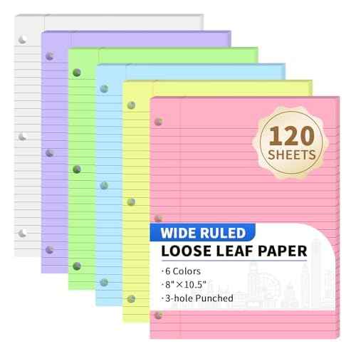 120 Sheets Loose Leaf Binder Paper, 6-Color Wide Ruled Lined Paper, 8¡± x 10.5¡±, 3-Hole Punched Notebook Paper Writing Paper for School Office