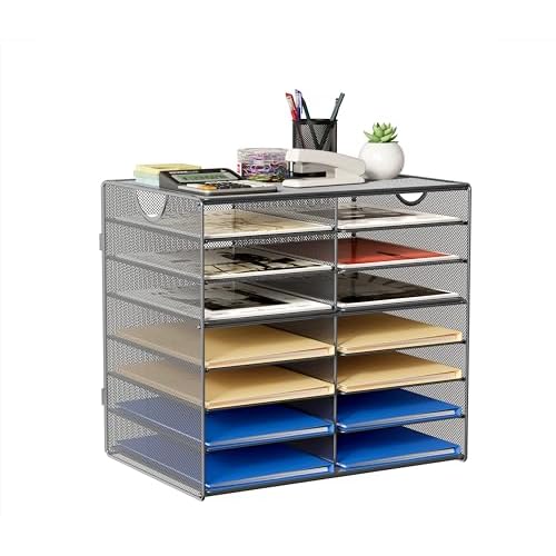 EasyPAG Paper Trays for Classroom 14 Tier Mesh Desk Organizer Shelves with Handle A4/Letter Size File Folder Organizer Shelf for Office, School, Home, Silver