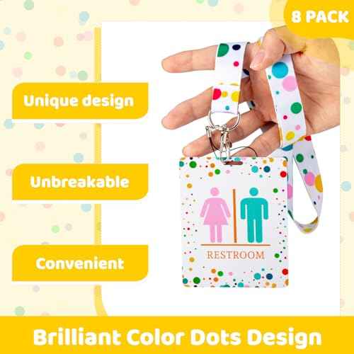 Ireer 8 Sets Bathroom Pass Restroom Passes, Unbreakable Bathroom Classroom Passes Durable Bathroom Tag with Key Holder Keychain Sign for Office Nurse Boy Girl (Polka Dot Style)