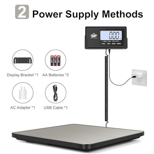 QP Shipping Scale, 440 lb/0.35 oz High Accuracy Digital Postal Scale, Postage Scale, Hold/Tare Function, Auto Off LCD Display, Lightweight Scale for Packages/Luggage/Pet, Battery & AC Adapter Included
