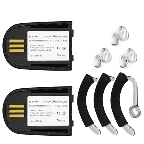 2-Pack 84598-01 82742-01 Battery Upgraded 180mAh for Plantronics Savi WH500 W745 W740 W440 W445 W02 CS540XD 204755-01 Headsets Replacement with 3-Pack Earhooks Spare Earbuds Foam Tube Kit