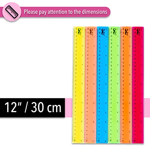 12 Inch Plastic Rulers Pack of 6 Assorted Colors - Office & Craft Measuring Tools