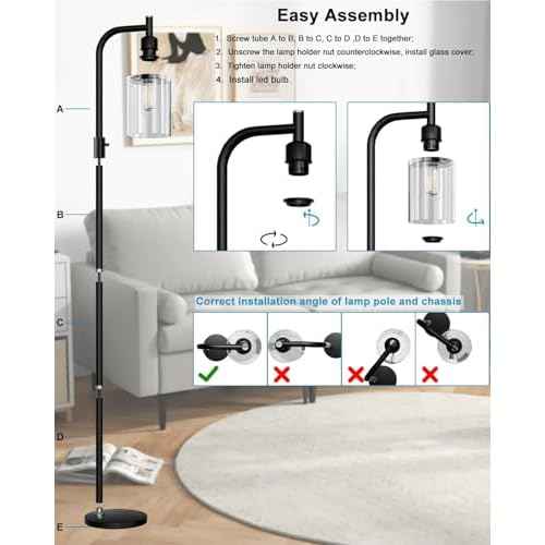 Lightdot 63IN Glass Floor Lamp for Living Room, Dimmable Modern Standing Tall Lamps with Clear Glass Lampshade, Mid Century Industrial Floor Lamp with 3000K Warm White for Bedroom Office-Black