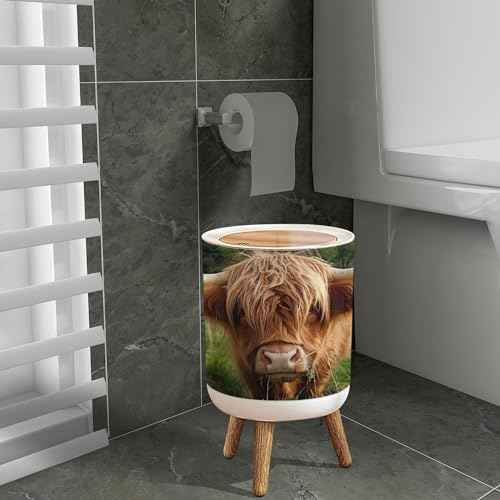 Small Trash Can with Lid for Bathroom Kitchen Office Funny Hairy Cow Highland Cattle Close up Garbage Bin Waste Basket Decorative 1.8 gallons, 14x9inch