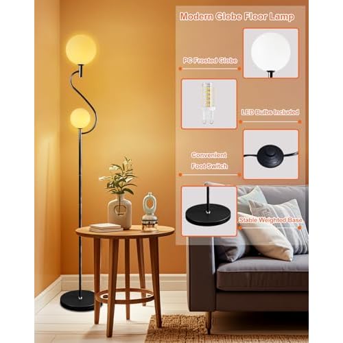 Lightdot 63 Inch Globe Floor Lamp, Mid Century Black Standing Lamps with 2 Globe Soft Warm White Eye Care 3000K Bulbs Included, Modern Tall Lamp for Living Room Bedroom