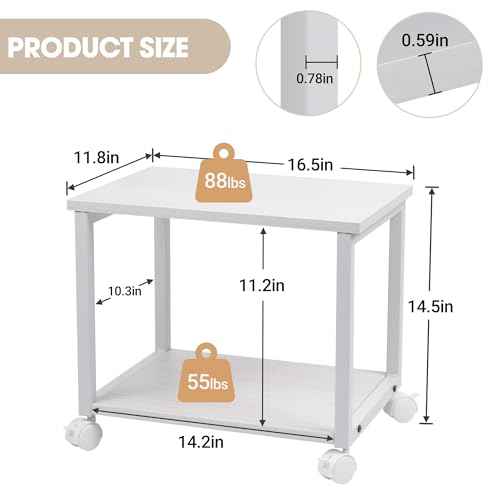 Under Desk Printer Stand - 2-Tier Industrial Mobile Printer Table with Storage Shelf, Heavy Duty Wood Rolling Printer Cart with Wheels for Home and Office,Maple White