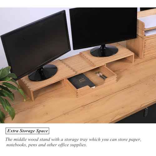 Monitor Stand Rier - Computer Riser with Storage Drawer for Office Supplies - Wood Desktop Organizer Shelves with Adjustable Length Angle - Desk Organizer Tray Rack for Laptop (YPJ3T-LT)