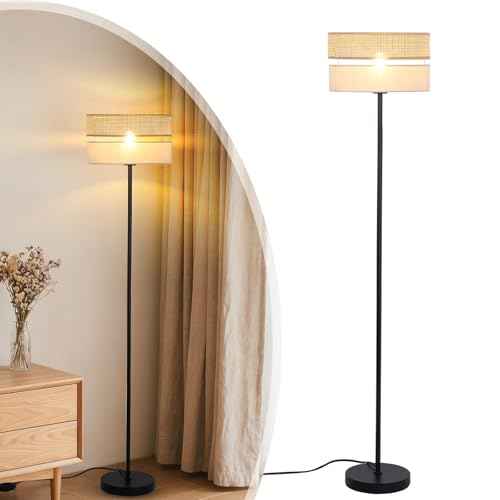Floor Lamp with Bamboo and Linen Fabric Lampshade, Adjustable Color Temperature Floor Lamp with 6W Bulb, Boho Standing Lamp for Livingroom, Bedroom, Office